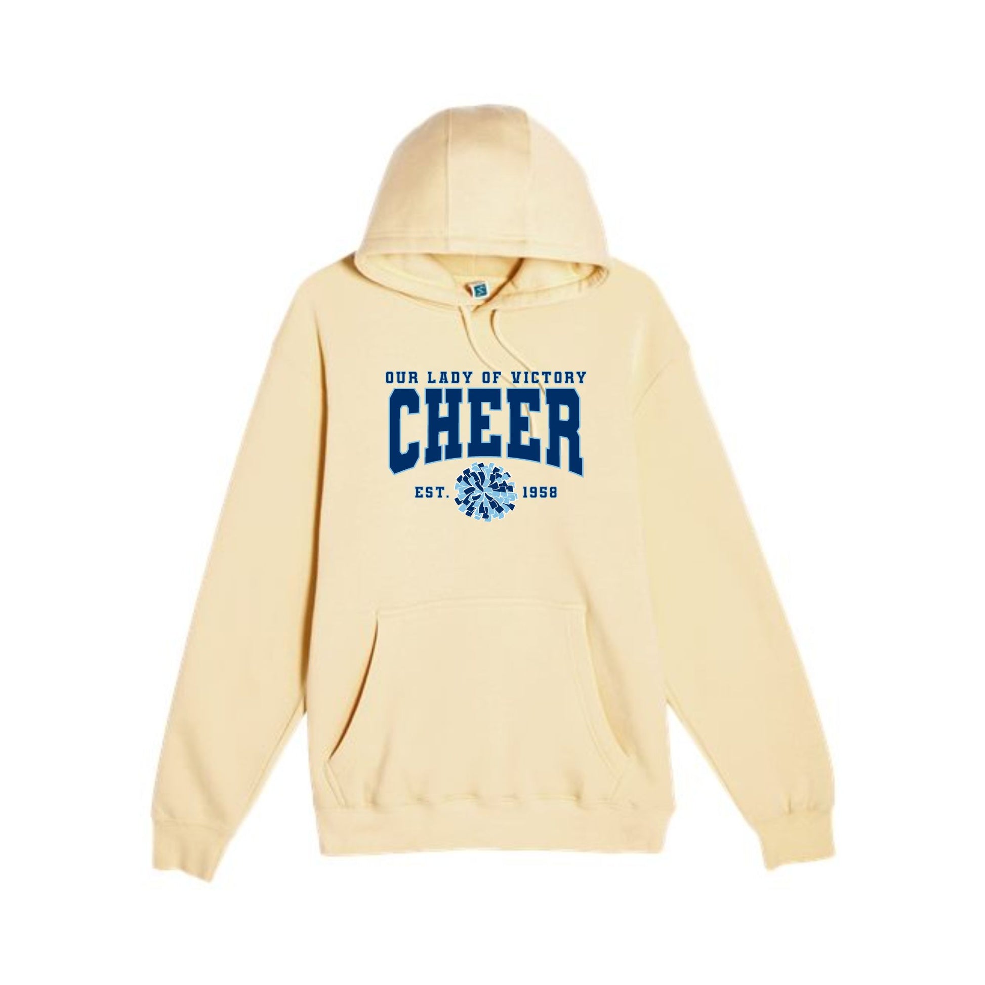 butter yellow hooded sweatshirt with our lady of victory cheer print in navy blue and white