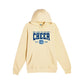 butter yellow hooded sweatshirt with our lady of victory cheer print in navy blue and white