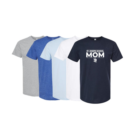 Four t-shirts in gray, blue, light blue, and navy with 'St. Joseph School Mom' text on a white background.