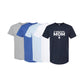 Four t-shirts in gray, blue, light blue, and navy with 'St. Joseph School Mom' text on a white background.