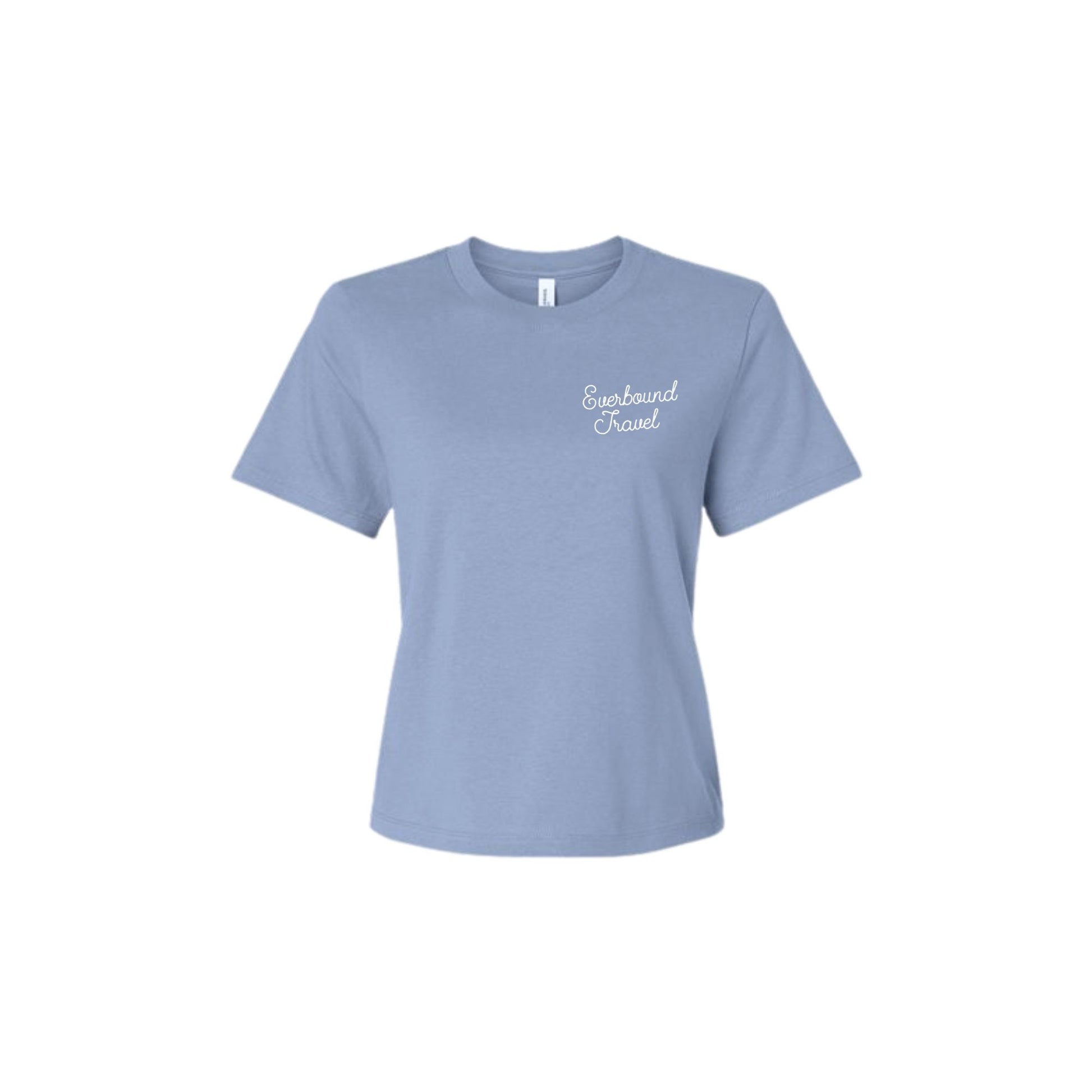 Light blue t-shirt with 'Expedient Travel' text on a white background