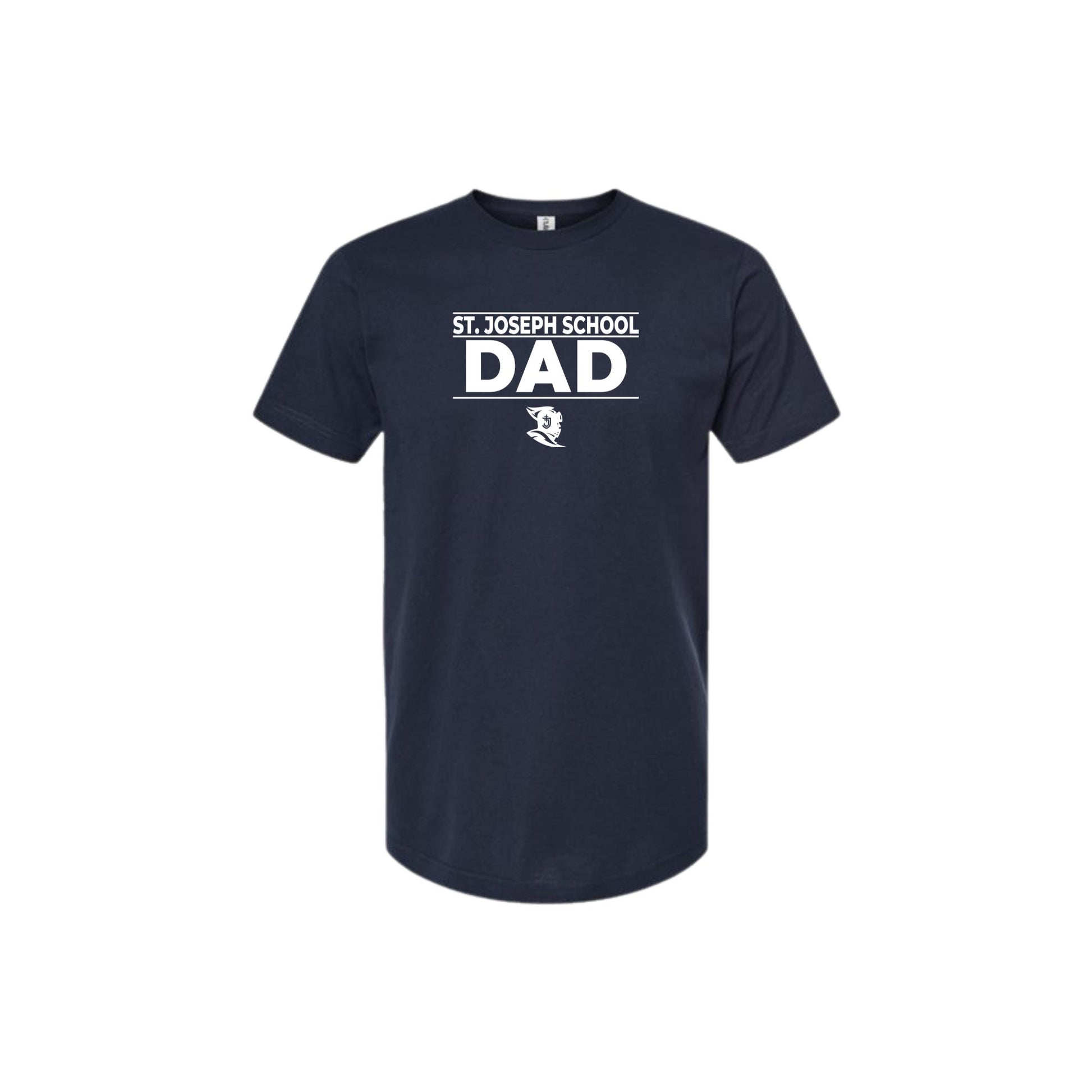 Navy blue t-shirt with 'St. Joseph School Dad' text on a white background