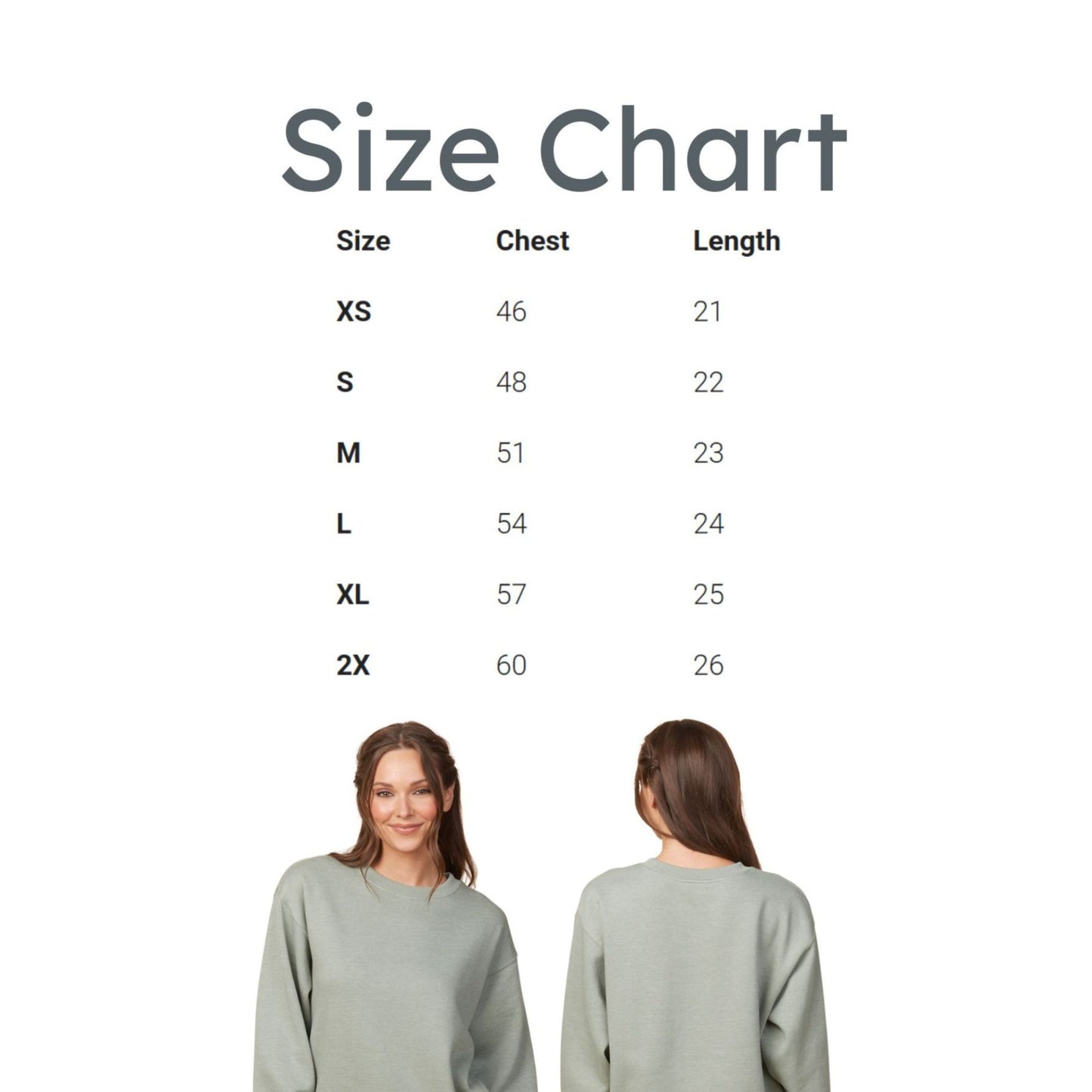 Size chart for a garment with chest and length measurements, featuring two models wearing the garment.