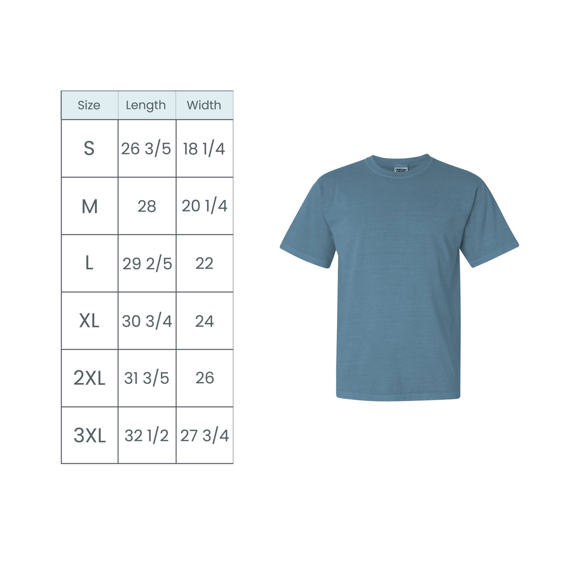 Blue t-shirt with size chart on a white background