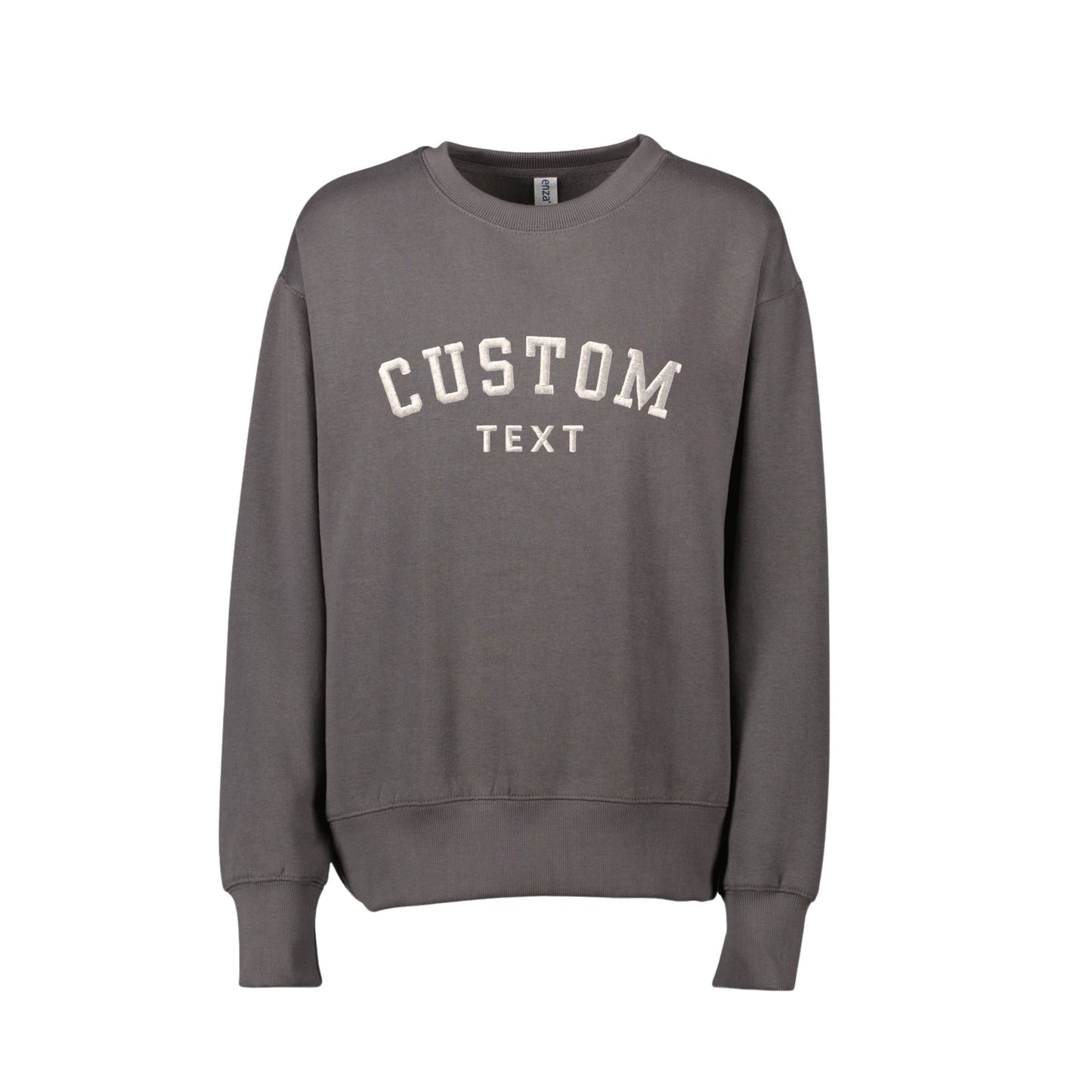 A dark gray crewneck sweatshirt with 'CUSTOM TEXT' embroidered in white arched letters on the chest, displayed against a solid white background.