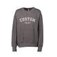 A dark gray crewneck sweatshirt with 'CUSTOM TEXT' embroidered in white arched letters on the chest, displayed against a solid white background.