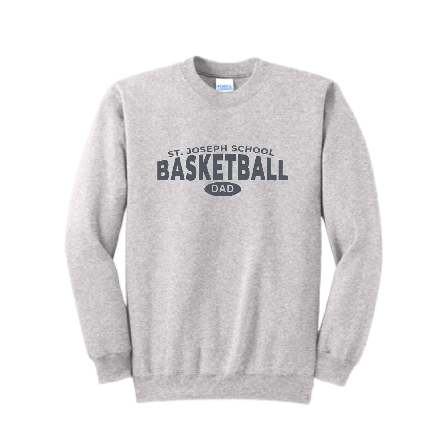 ash crewneck sweatshirt with a charcoal st. joseph school basketball dad print