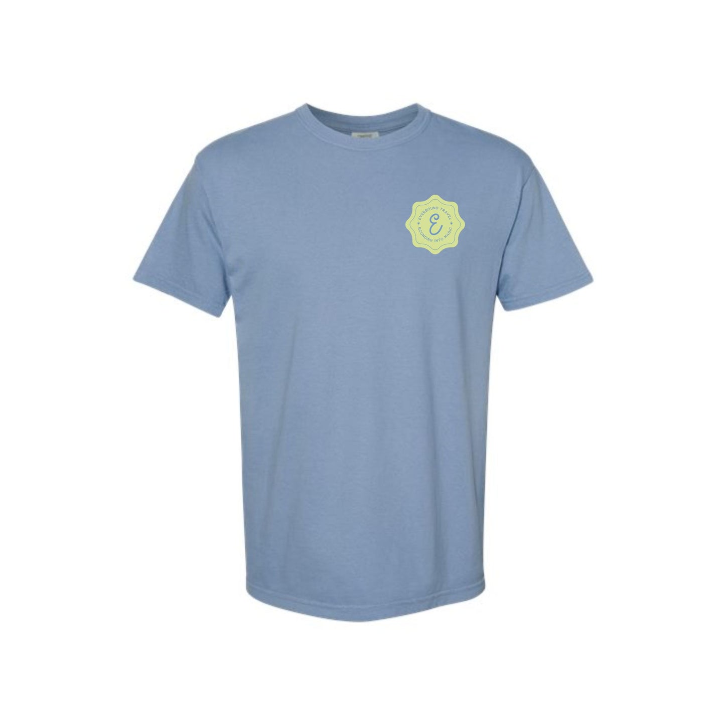 Light blue t-shirt with a yellow logo on a white background
