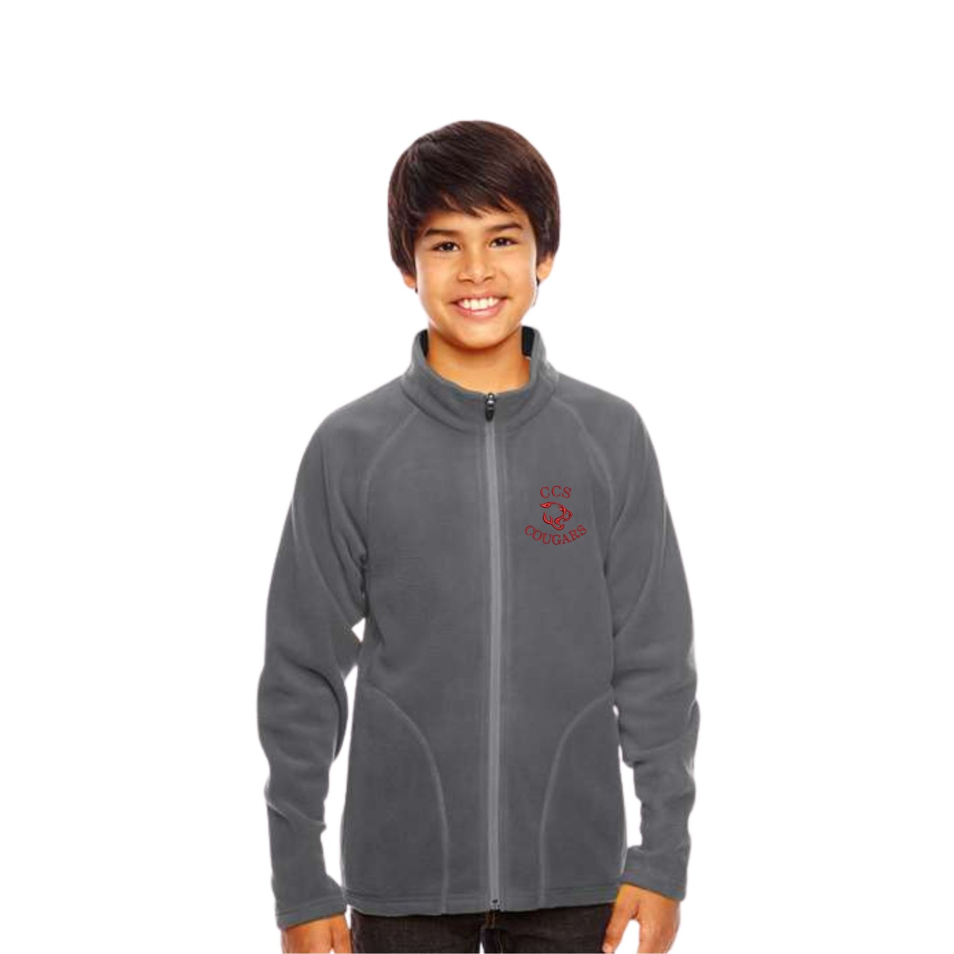 boy wearing a grey fleece full zip jacket with a ccs cougars icon embroidered logo on the left chest in red thread