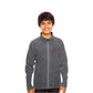 boy wearing a grey fleece full zip jacket with a ccs cougars icon embroidered logo on the left chest in red thread