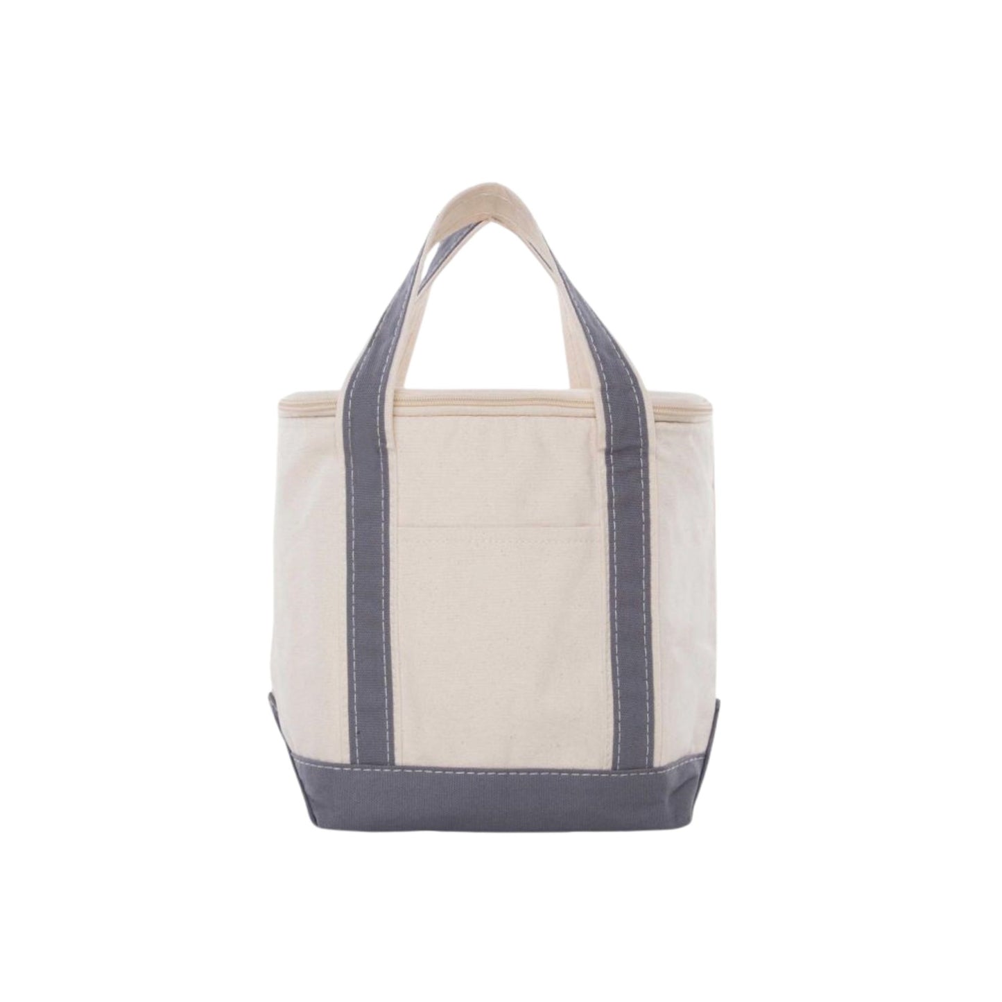 Beige tote cooler bag with grey trim on a white background
