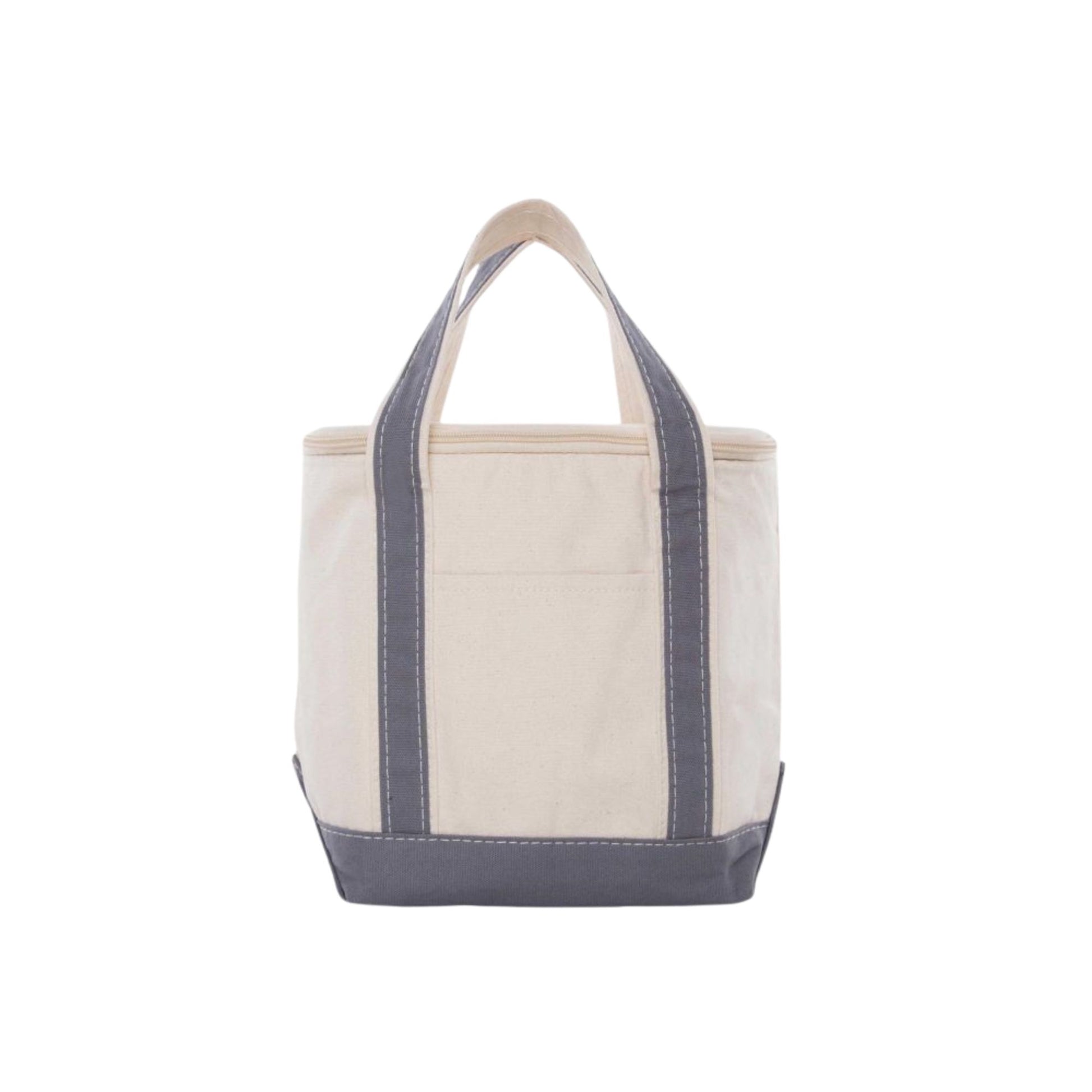 Beige tote cooler bag with grey trim on a white background
