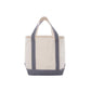 Beige tote cooler bag with grey trim on a white background