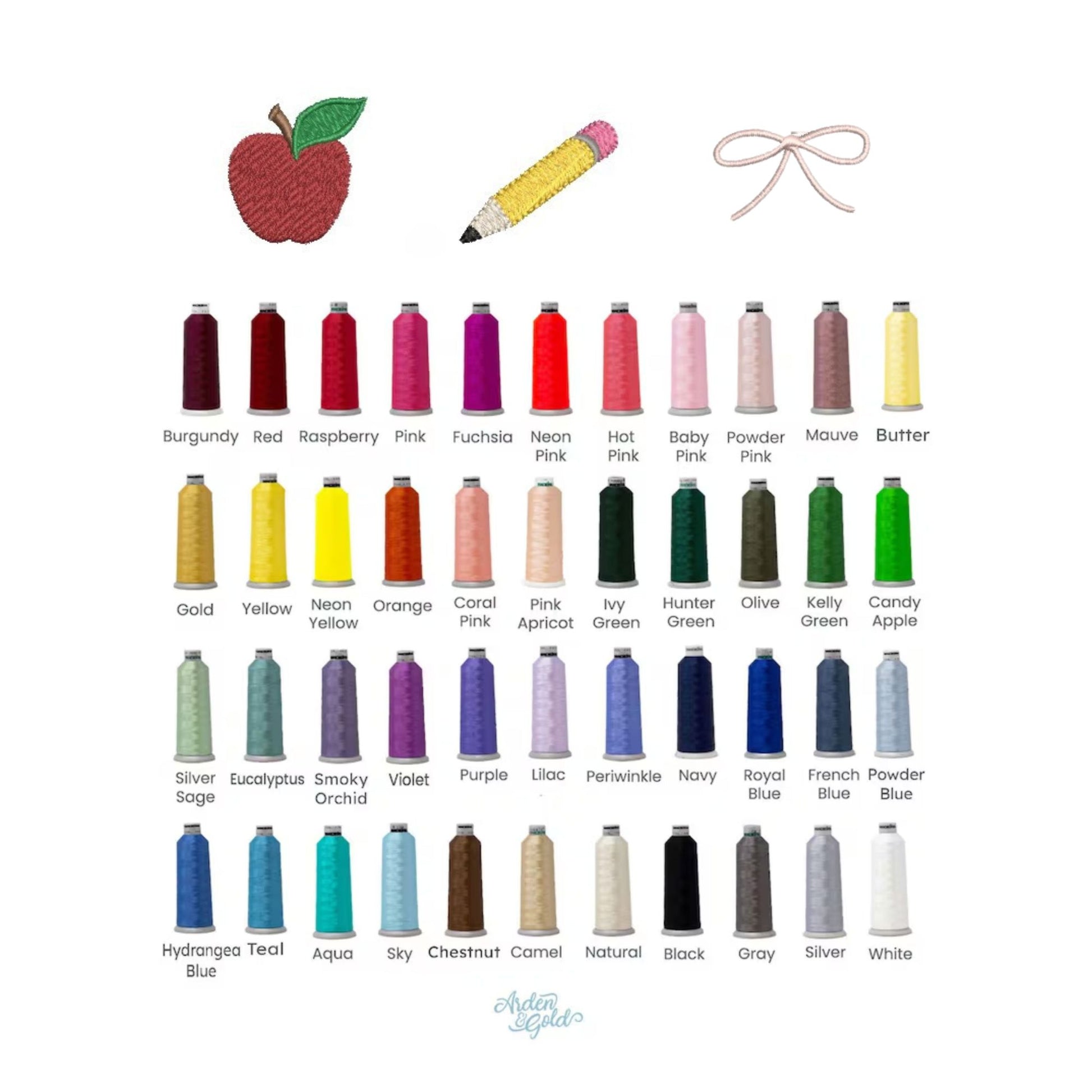 thread color chart and embroidered icon options (apple, pencil, and mini bow)