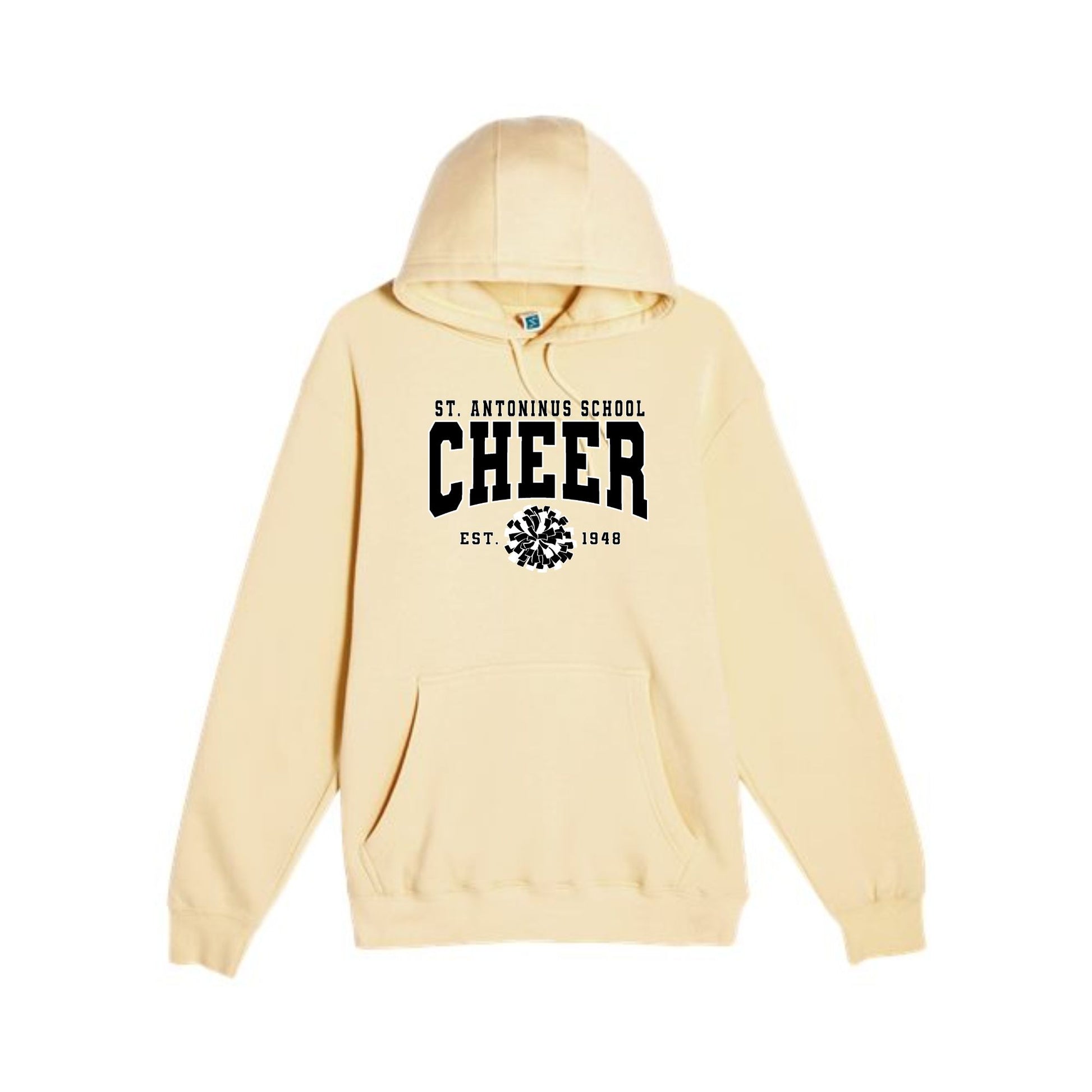 butter yellow hoodie with st. antoninus school cheer print in black and white