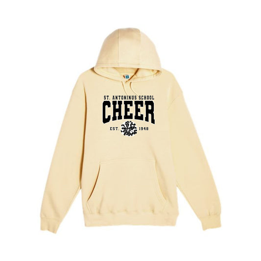 butter yellow hoodie with st. antoninus school cheer print in black and white