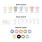 shirt color opions, shirt size chart, name color options