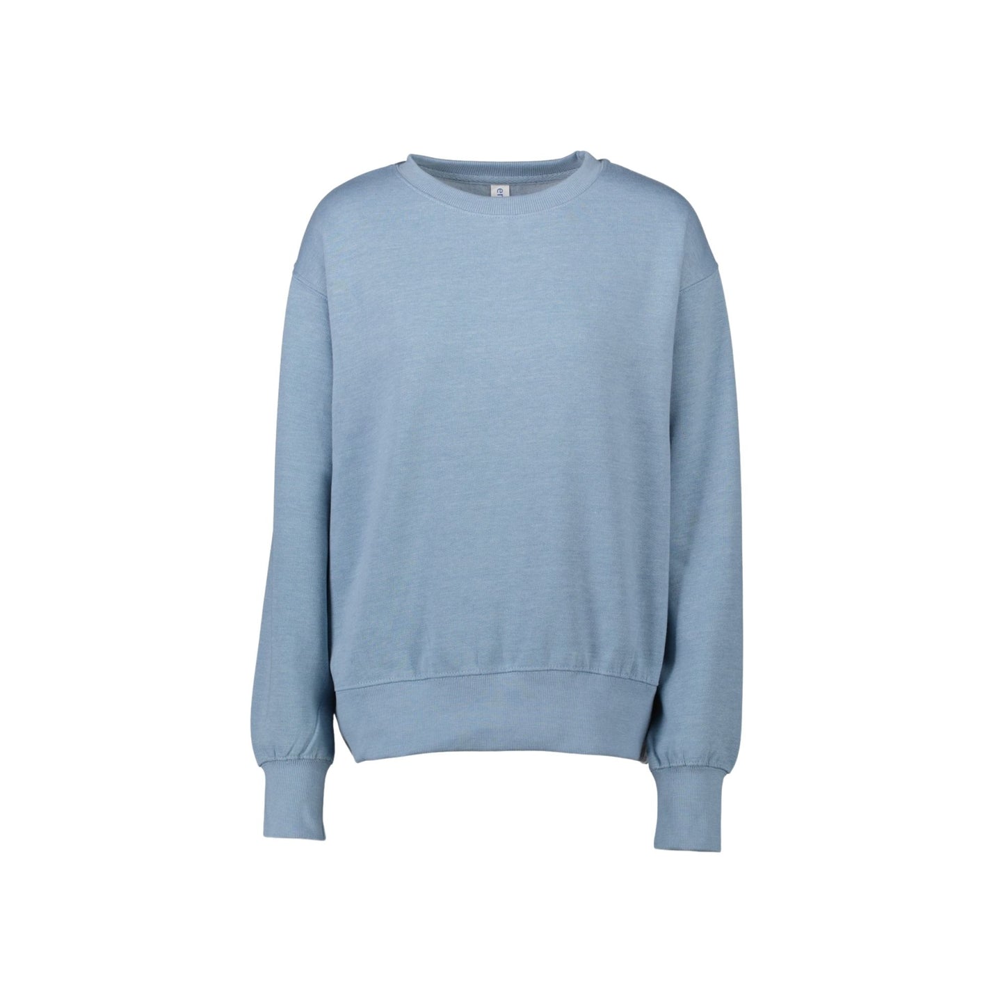 A light blue crewneck sweatshirt with long sleeves and ribbed cuffs, displayed on a clean white background.