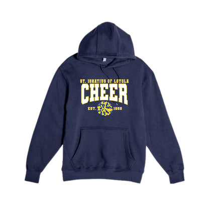 A navy blue pullover hoodie with a front kangaroo pocket and a yellow and white graphic on the chest reading 'ST. JOHNNIE OF LEWELL CHEER EST.