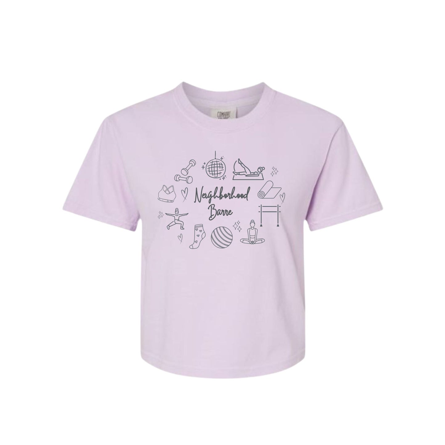 Light purple t-shirt with black graphics and text on a white background