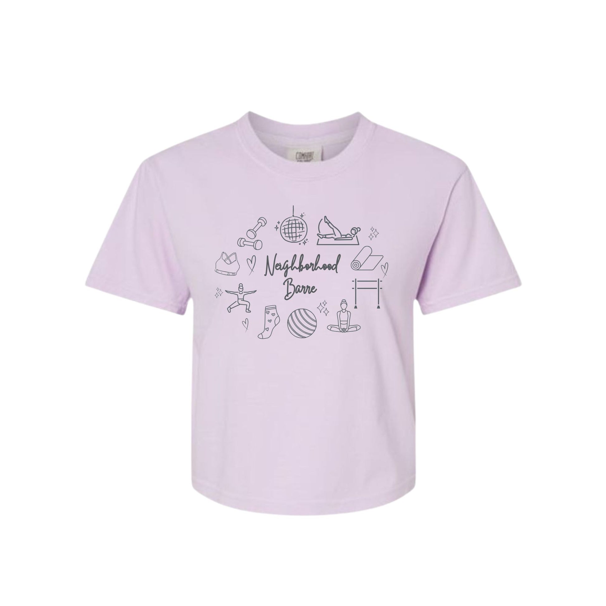 Light purple t-shirt with black graphics and text on a white background
