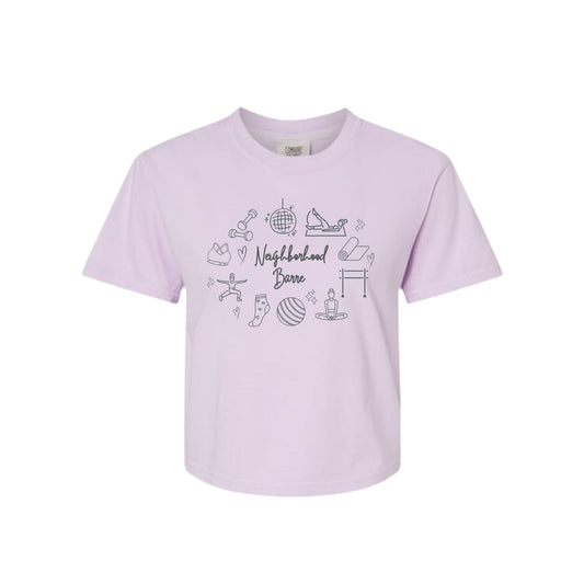 Light purple t-shirt with black graphics and text on a white background