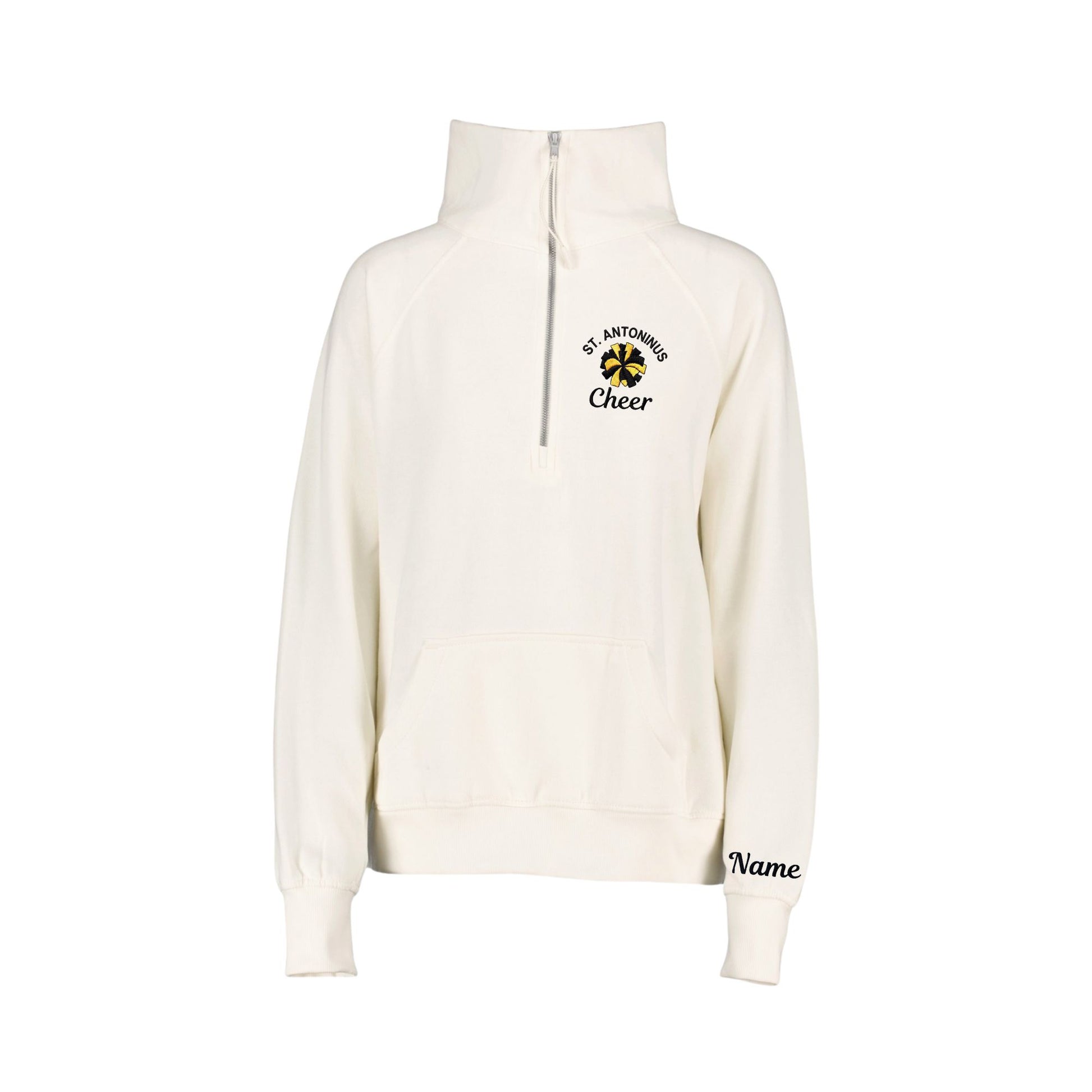 bleached linen boxy quarter zip with custom st. antoninus cheer pom pom embroidered design on the left chest with name embroidery on the cuff of the sweatshirt