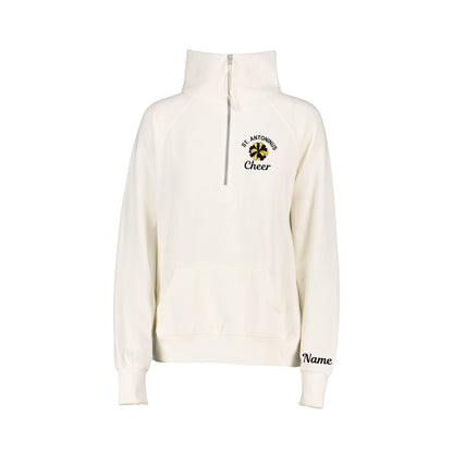 bleached linen boxy quarter zip with custom st. antoninus cheer pom pom embroidered design on the left chest with name embroidery on the cuff of the sweatshirt