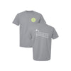 Gray t-shirt with a logo on the chest and text on the back, displayed on a white background.