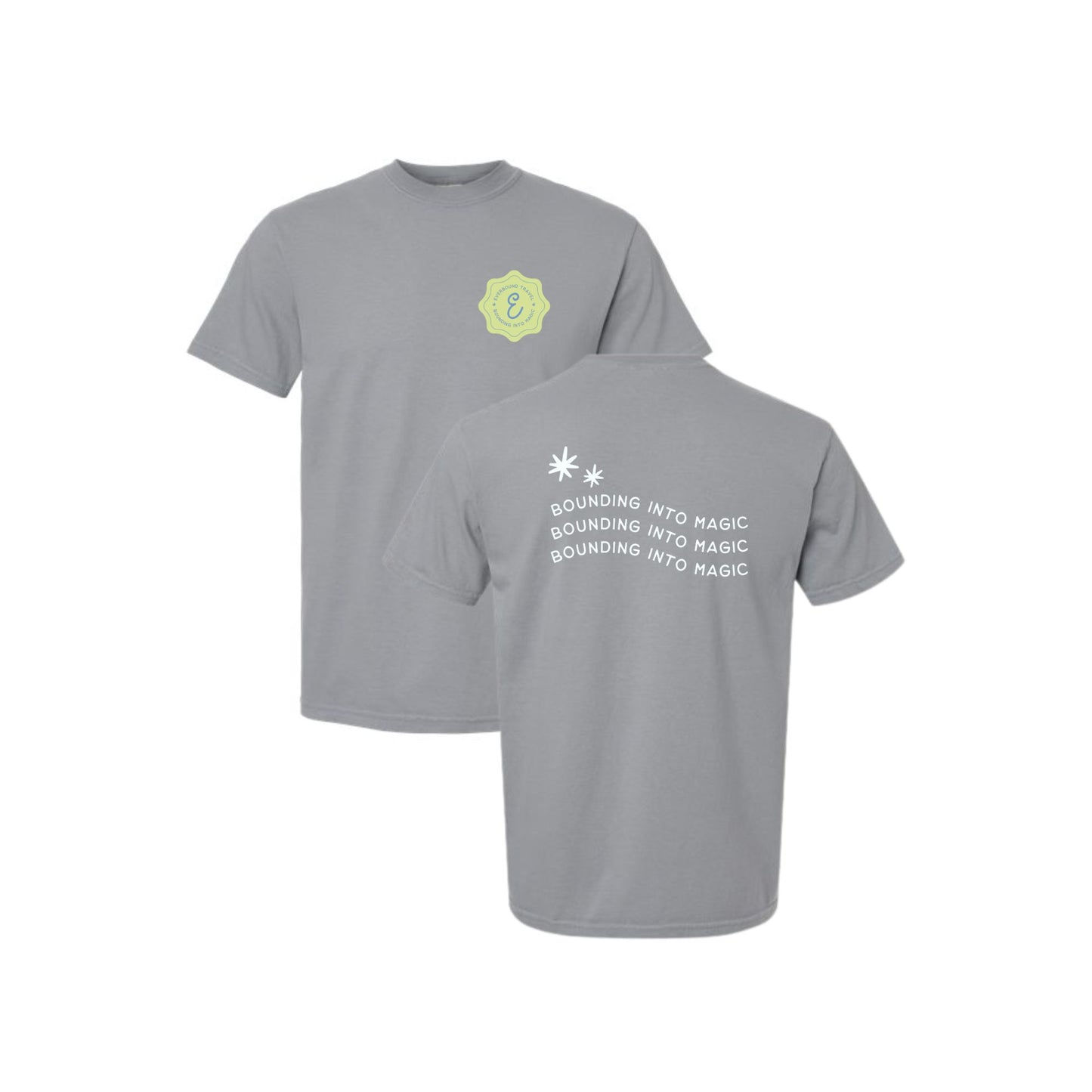 Gray t-shirt with a logo on the chest and text on the back, displayed on a white background.