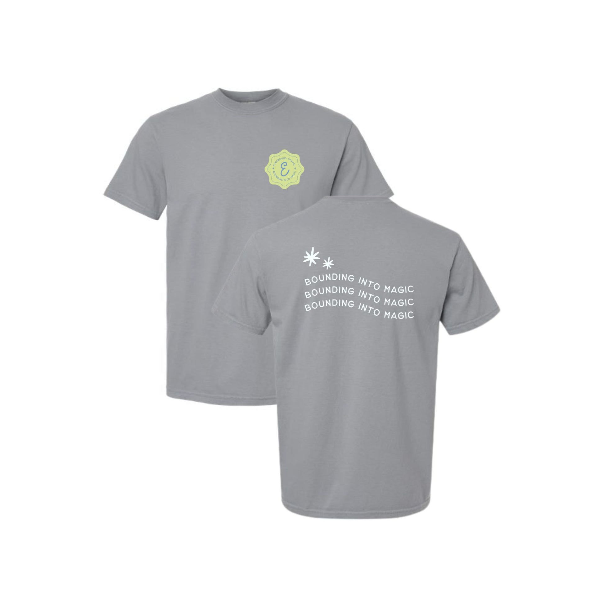 Gray t-shirt with a logo on the chest and text on the back, displayed on a white background.