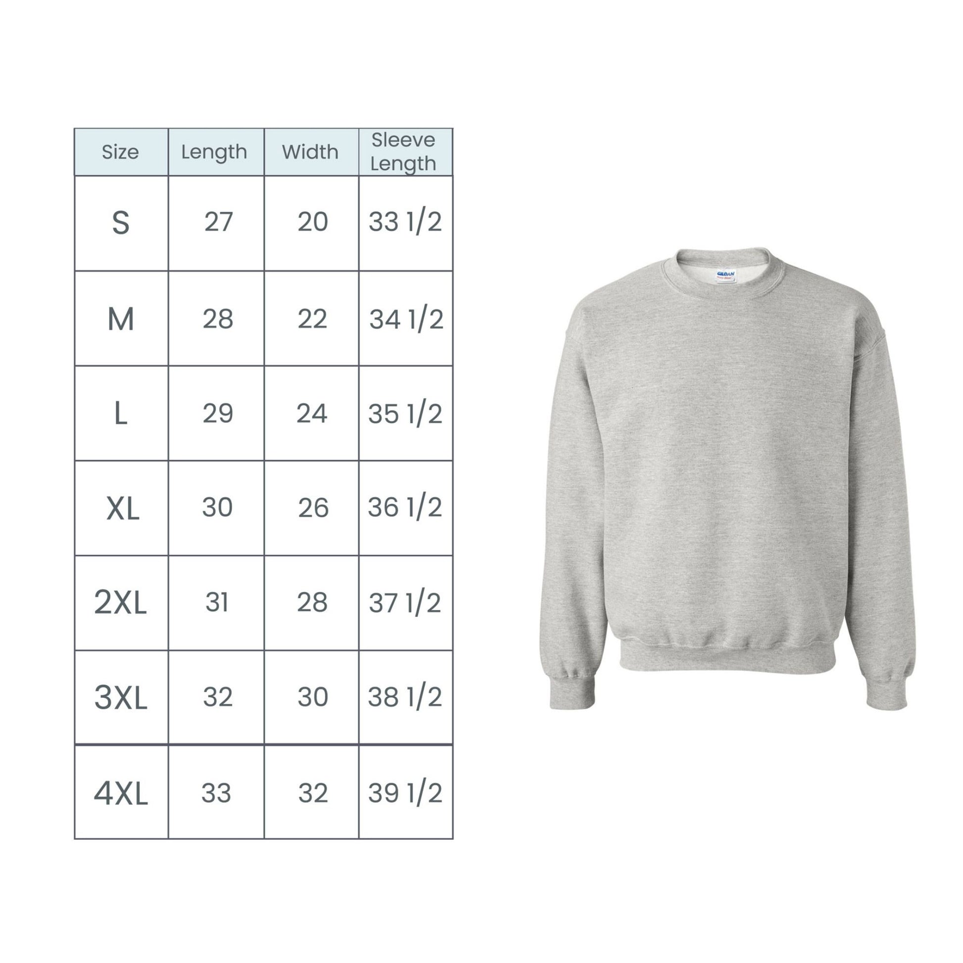 Gray sweatshirt with size chart on a white background
