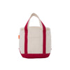 Beige tote cooler bag with red trim on a white background