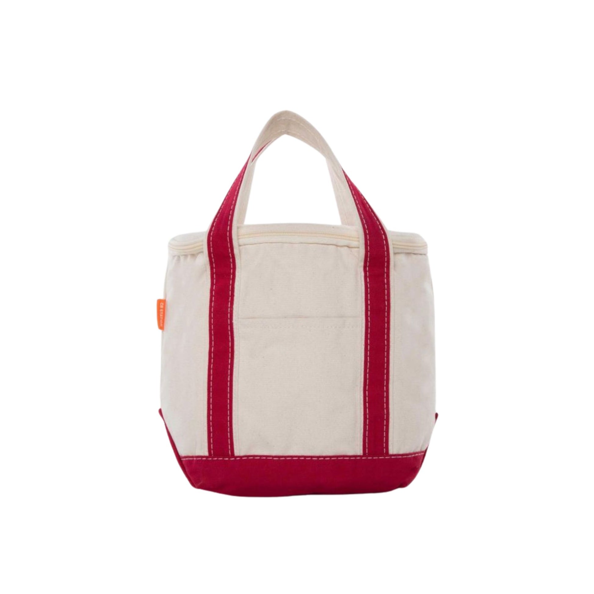 Beige tote cooler bag with red trim on a white background