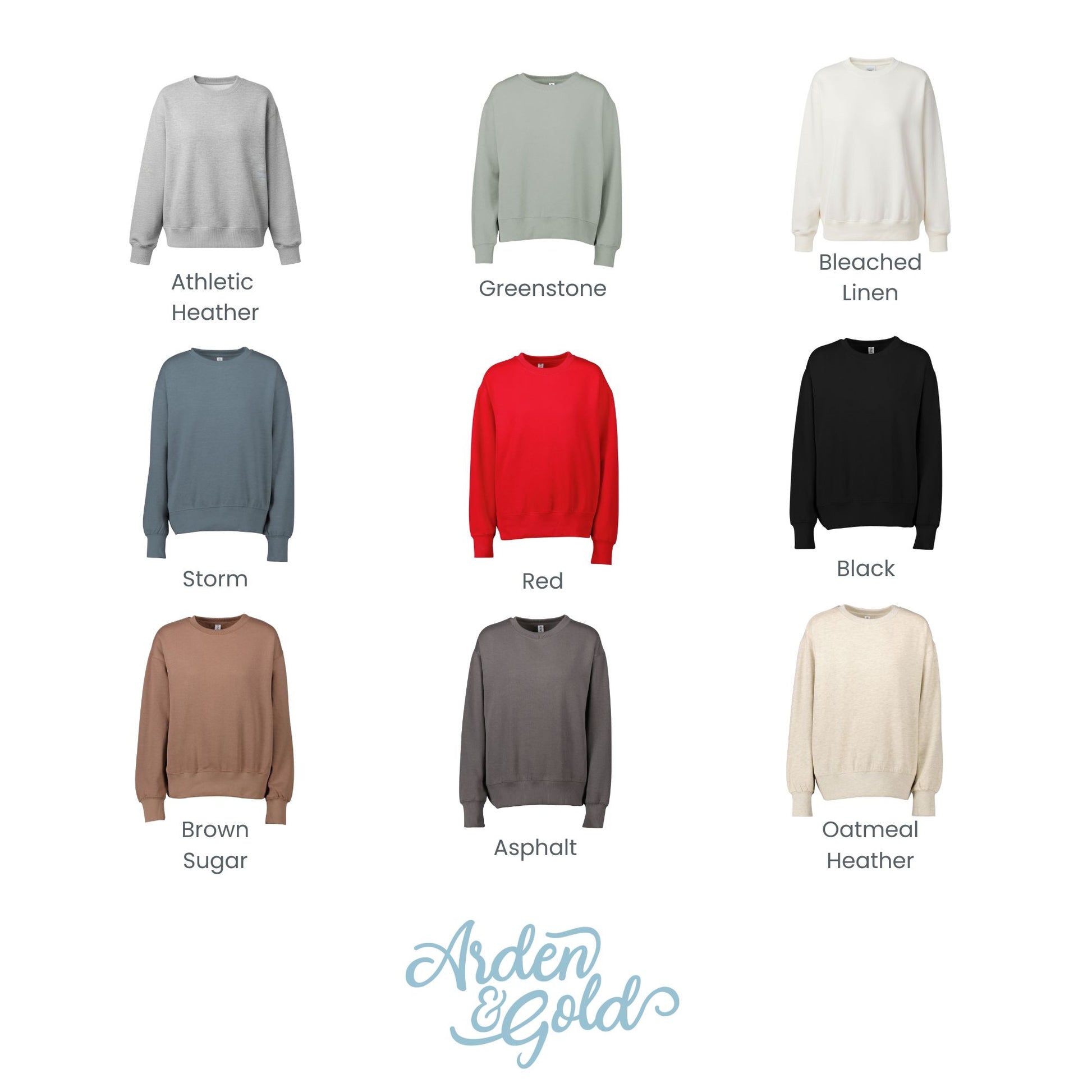 A color-options grid showing nine crewneck sweatshirts in different colors, labeled with names like Athletic Heather, Greenstone, Red, Black, Brown Sugar, Asphalt, and Oatmeal Heather. The Arden & Gold logo appears at the bottom.