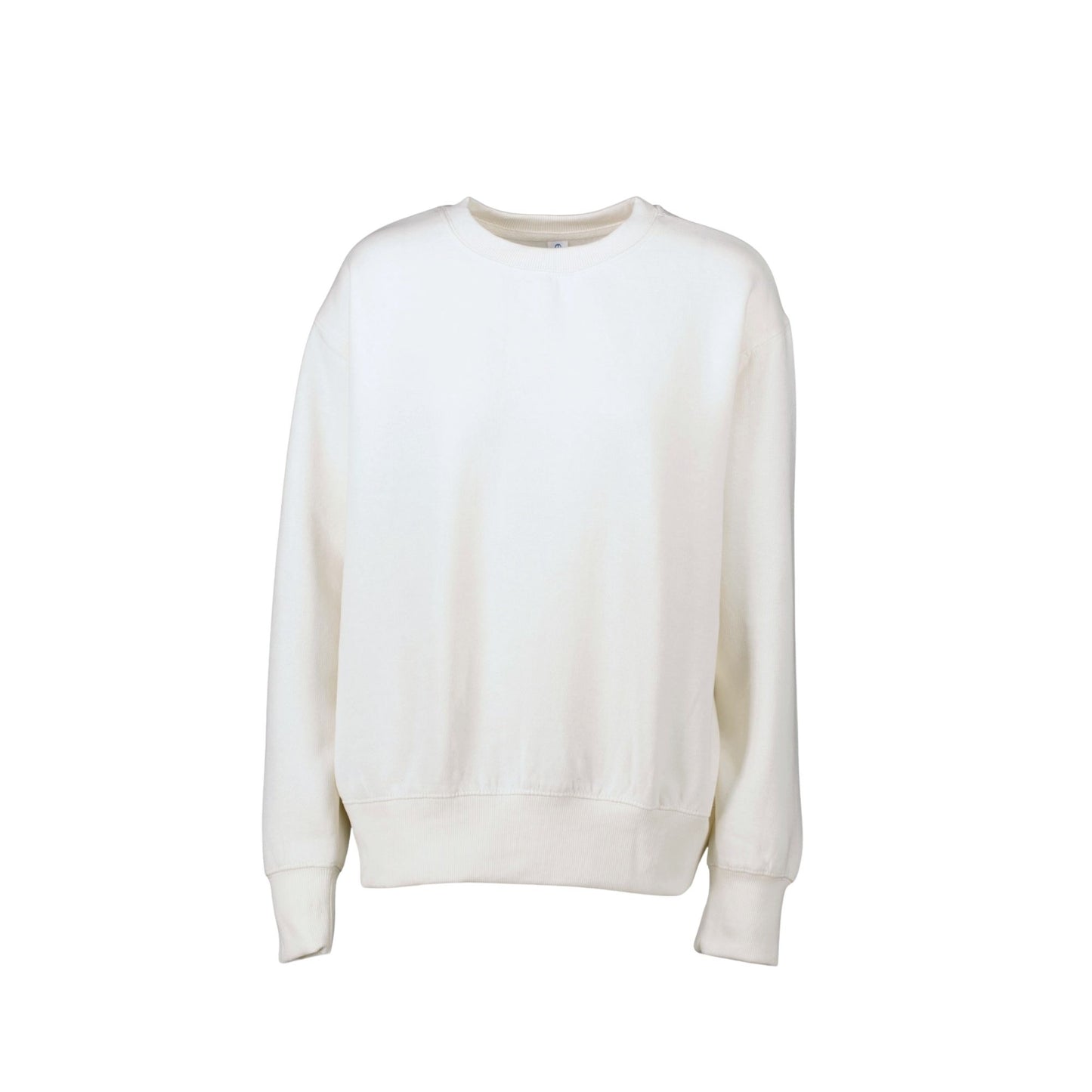 An off-white crewneck sweatshirt with ribbed cuffs and hem, displayed against a solid white background.