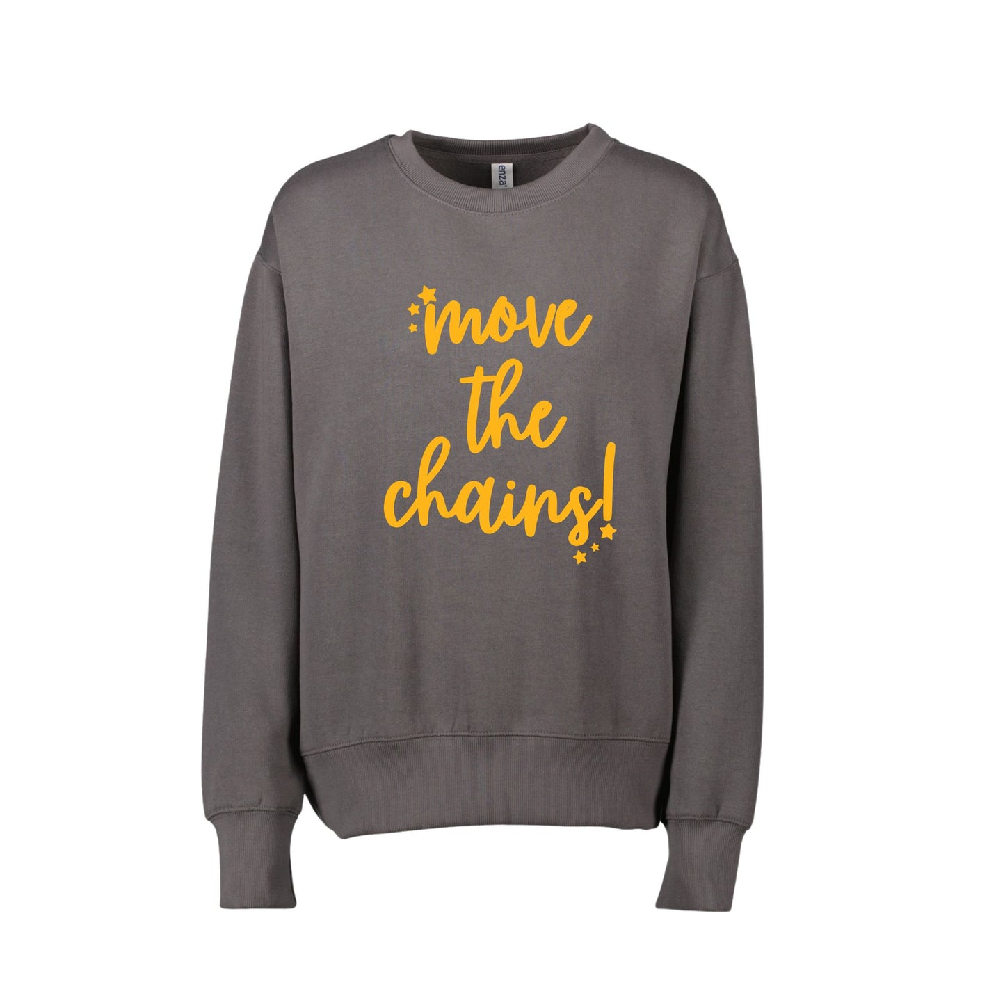 A dark gray crewneck sweatshirt featuring the phrase 'move the chains!' printed in a bright yellow cursive font on the front, displayed against a solid white background.