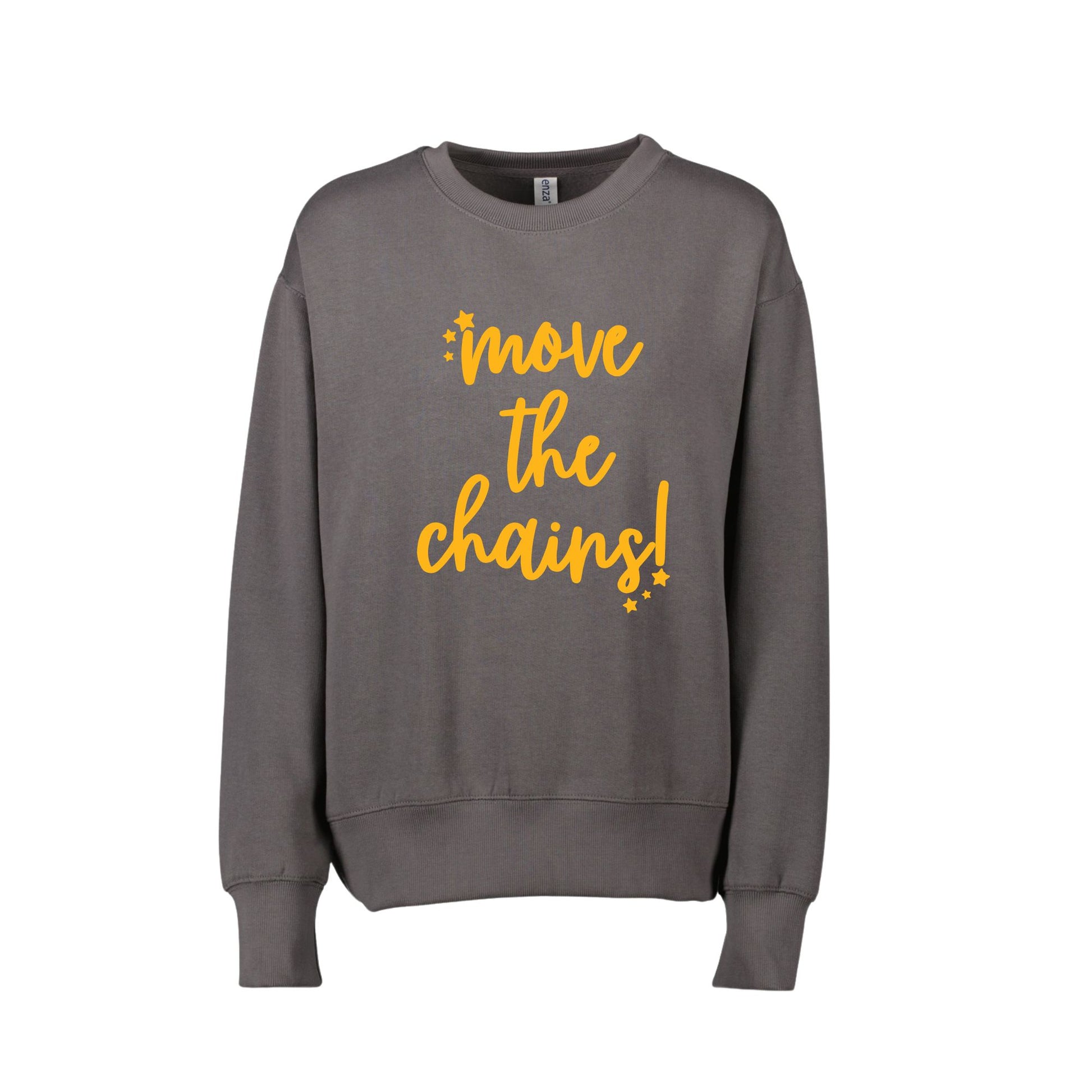 A dark gray crewneck sweatshirt featuring the phrase 'move the chains!' printed in a bright yellow cursive font on the front, displayed against a solid white background.