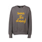 A dark gray crewneck sweatshirt featuring the phrase 'move the chains!' printed in a bright yellow cursive font on the front, displayed against a solid white background.