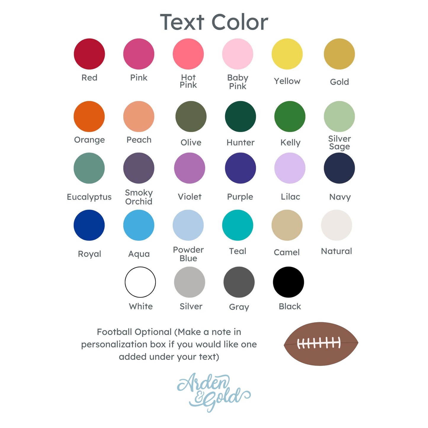 Color swatch chart for text color with various color options and Aiden & Gold branding.