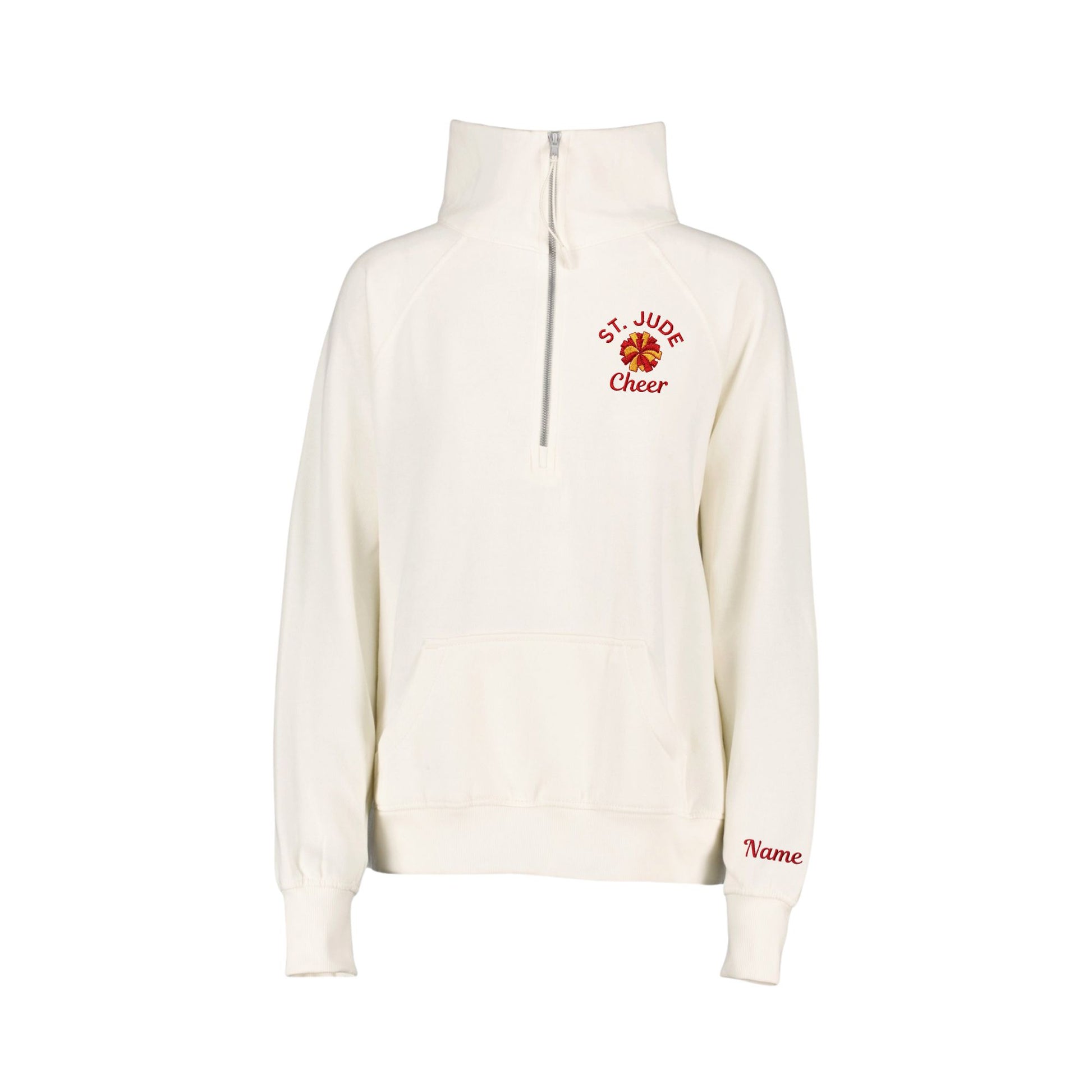 Bleached Linen boxy quarter zip sweatshirt with st. jude cheer pom pom embroidered design on the left chest with name cuff embroidery option