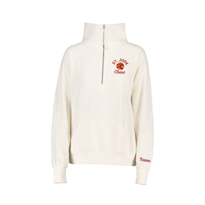 Bleached Linen boxy quarter zip sweatshirt with st. jude cheer pom pom embroidered design on the left chest with name cuff embroidery option