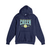 navy hooded sweatshirt with our lady of victory cheer print in light blue and yellow