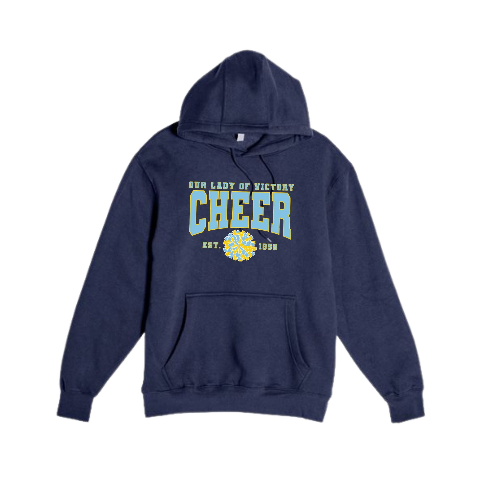 navy hooded sweatshirt with our lady of victory cheer print in light blue and yellow