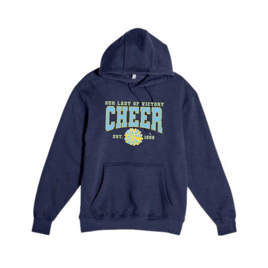 navy hooded sweatshirt with our lady of victory cheer print in light blue and yellow