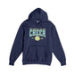navy hooded sweatshirt with our lady of victory cheer print in light blue and yellow