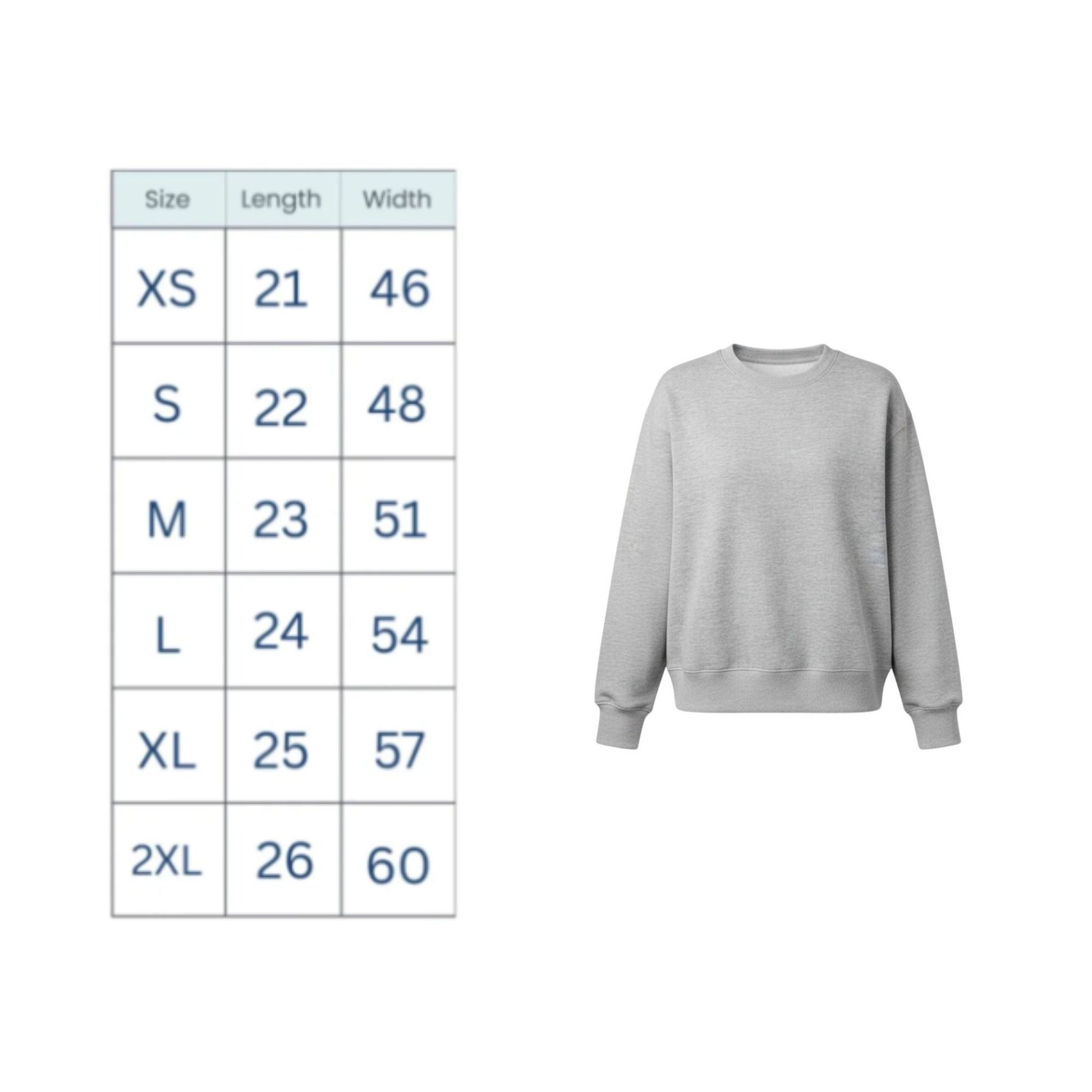 A size chart table showing sizes XS through 2XL with length and width measurements, next to a light gray crewneck sweatshirt on a plain white background.