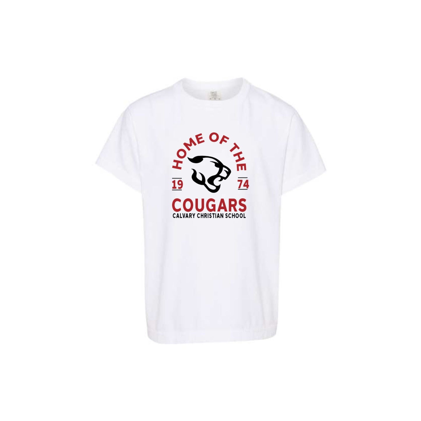 white comfort colors t-shirt with custom home of the cougars printed design on the center chest