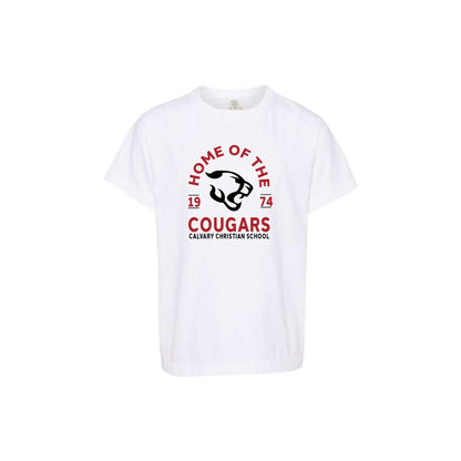 white comfort colors t-shirt with custom home of the cougars printed design on the center chest