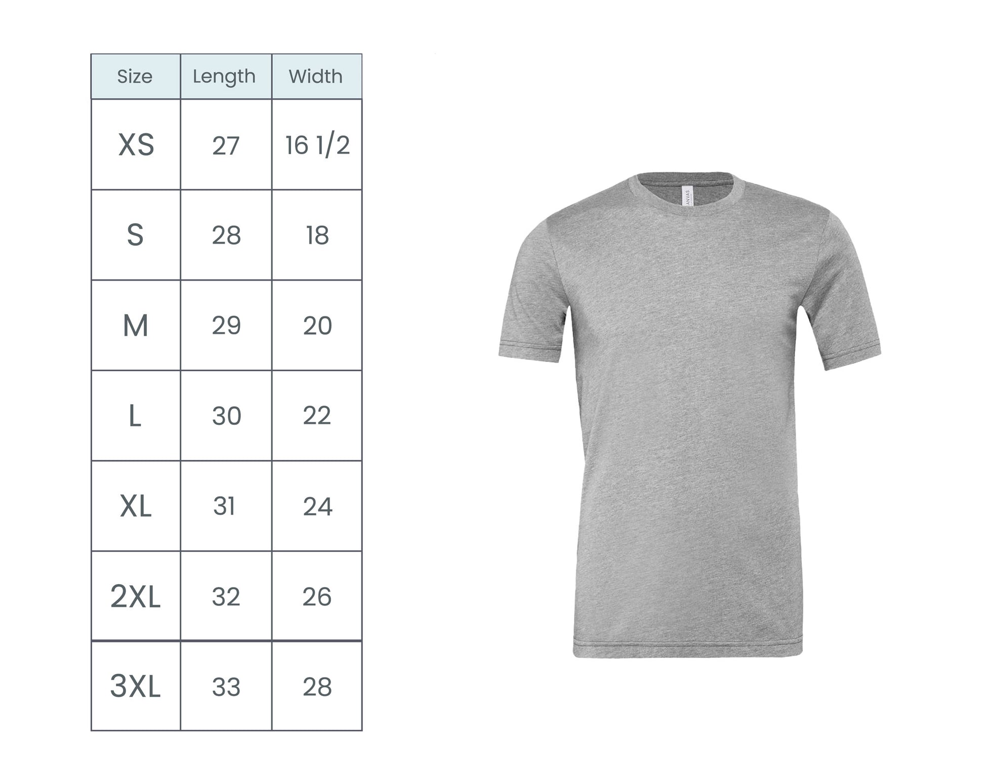 A size chart table listing sizes XS through 3XL with length and width measurements, shown next to a plain heather gray short-sleeve crew-neck T-shirt on a white background.